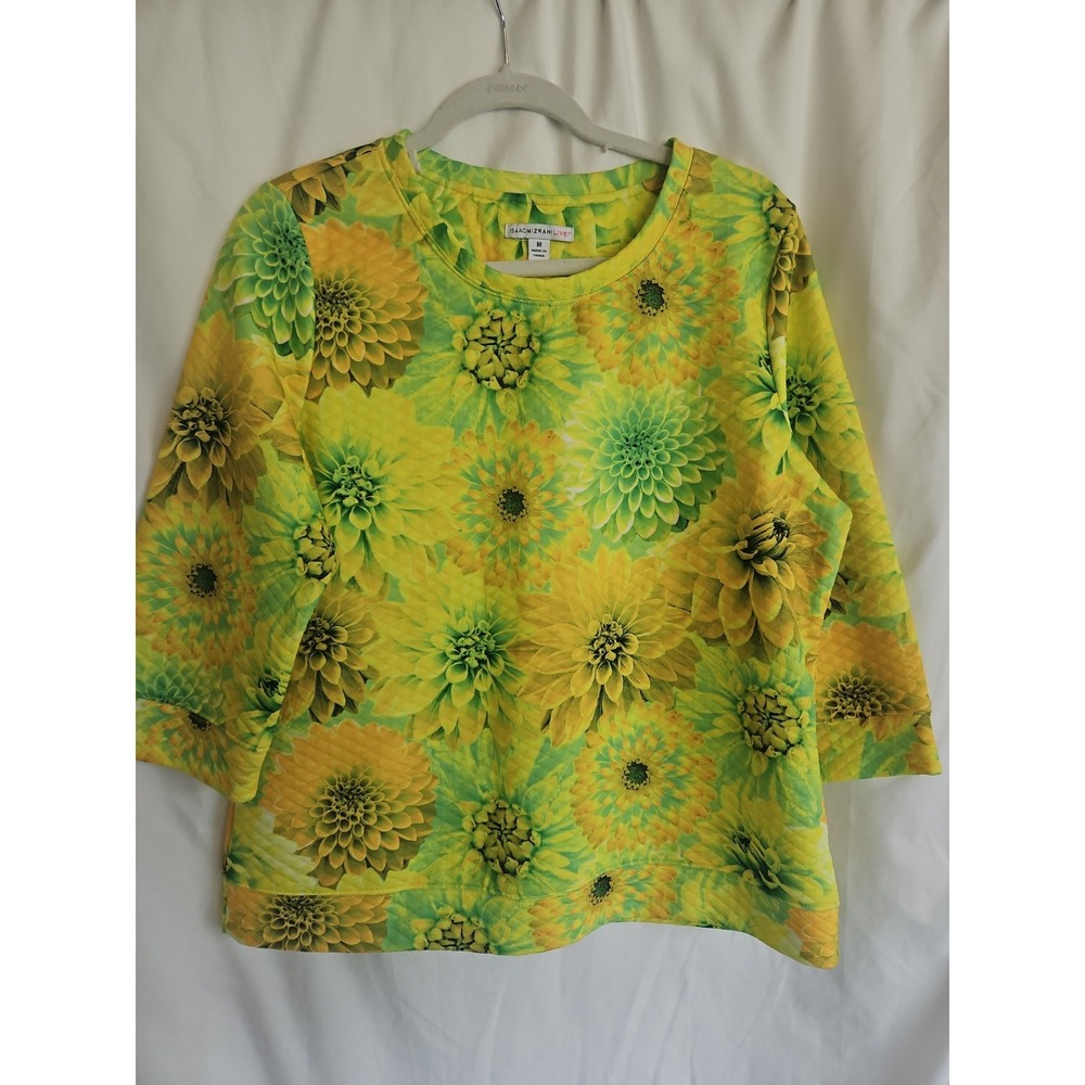 Isaac Mizrahi Pullover Womens Medium Yellow Excellent Floral Quilted Sweater